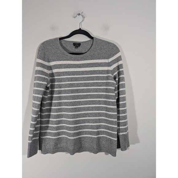 Talbots Sweater Women Sz Petite M Grey Striped 100% Cashmere Crew Neck Pullover - Picture 1 of 8